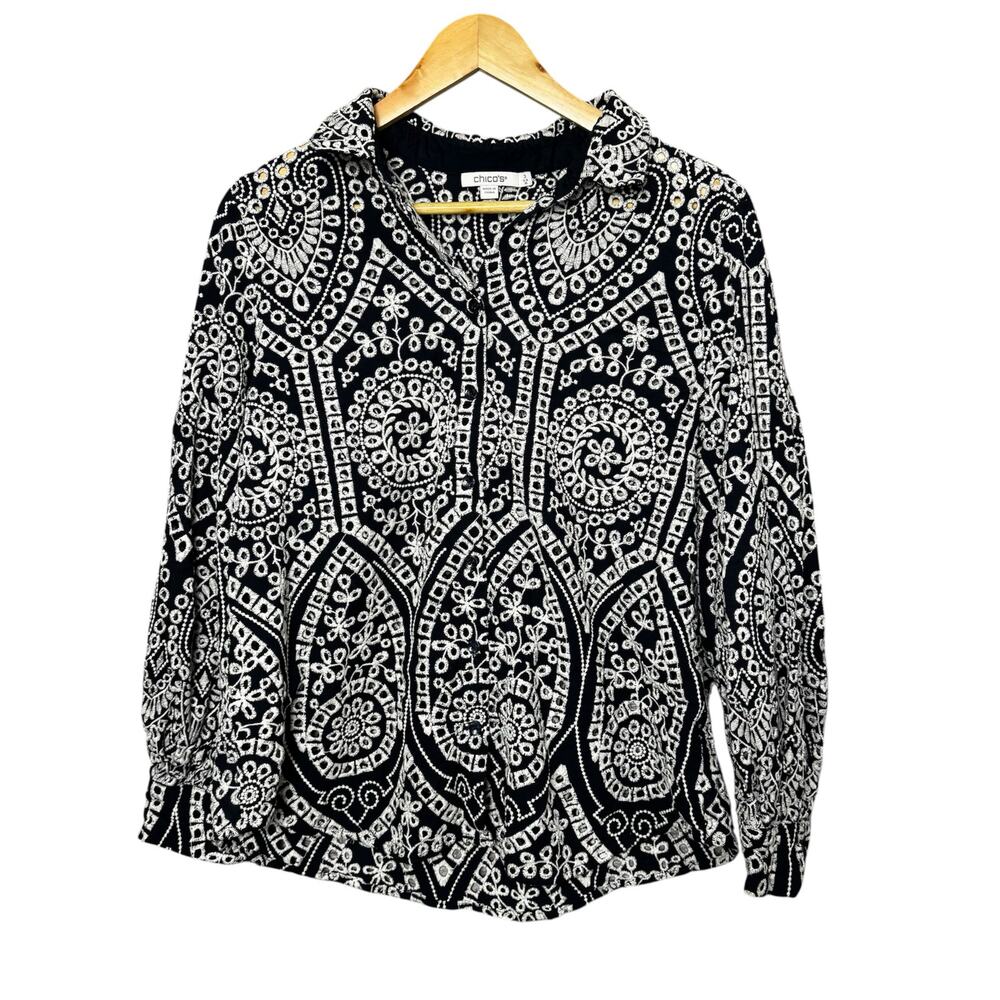 CHICO'S Eyelet Billow Long‎  Sleeve Shirt Navy White Embroidery Women Size 3(16)